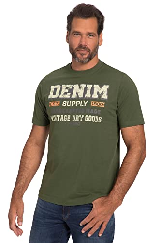 JP 1880 Męski T-shirt z rękawami do łokci, nadruk na piersi, okrągły dekolt, oliwkowy, 4XL