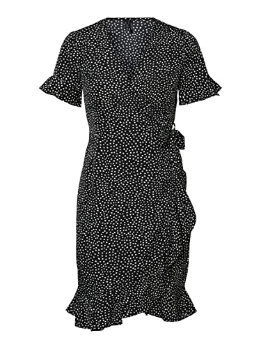 VERO MODA Women's VMHENNA 2/4 WRAP Frill Dress WVN NOOS sukienka, czarna/AOP: białe kropki, L, czarny/kolor: biały Tiny Dots, L