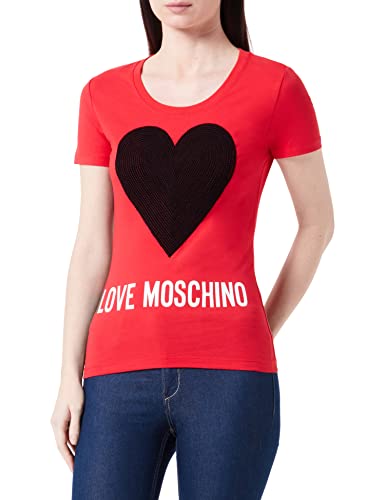 Love Moschino Tight-fit Short-Sleeved Maxi Heart with Embroidered Flock Sequins and Institutional Logo Water Print Koszulka damska, Sieć, 36