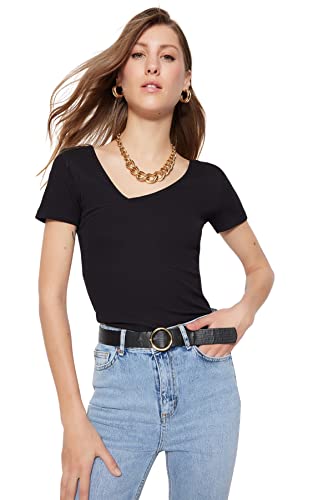 Trendyol Damska dopasowana bluzka z dzianiny Basic Scoop Neck, Czarny, M