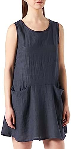 Bonateks, Krótka sukienka z zawiniętym okrągłym kołnierzem i kieszeniami, 100% len, rozmiar DE:38 Rozmiar US: M, granatowy - wyprodukowano we Włoszech, niebieski, 38