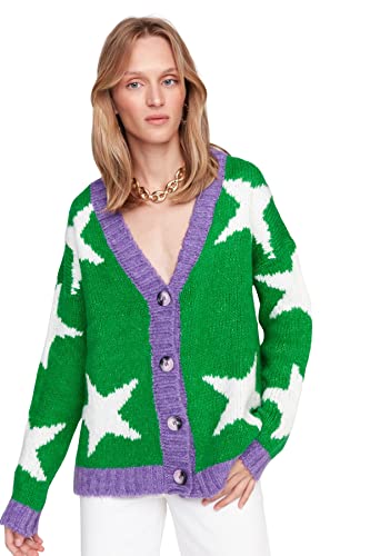 Trendyol Damski sweter rozpinany z dekoltem w serek w kolorowe bloki, lilia, S, lilia, S