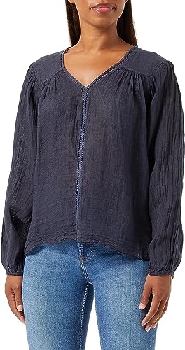 Bonateks, Top z dekoltem w serek, wstawką koronkową i półrękawami, 100% len, rozmiar DE:34, rozmiar US:S, topy, granatowe - wyprodukowano we Włoszech, niebieski, 34