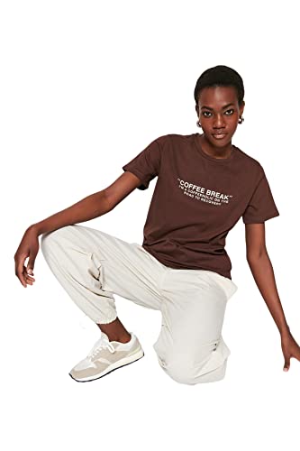 Trendyol Damska koszulka z dzianiny o regularnym kroju z okrągłym dekoltem, ciemnobrązowa, M, Ciemny brąz, M