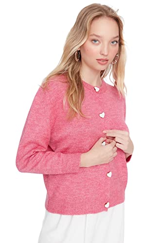 Trendyol Damski standardowy standardowy kardigan z dzianiny z plisą guzikami, różowy, M