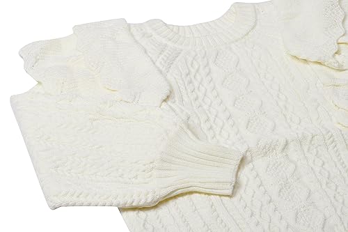 Aleva Damski sweter z dzianiny z okrągłym wycięciem pod szyją i rękawami balonowymi i falbankami, wełniany biały, rozmiar XS/S, biały (wollweiss), XS