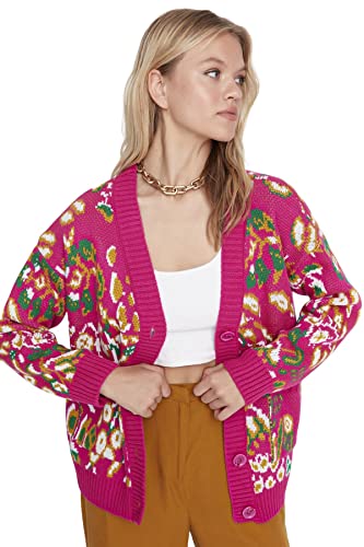 Trendyol Damski design regularny standardowy kardigan z dekoltem w serek, różowy, M