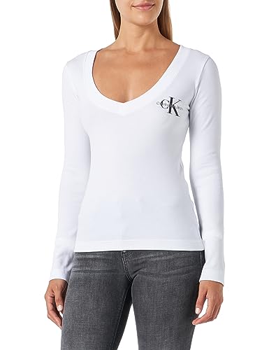 Calvin Klein Jeans Damska dzianinowa bluzka z dekoltem w serek Monologo z długim rękawem L/S, kość słoniowa, XXS
