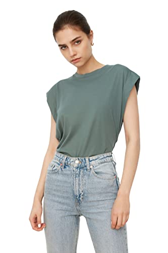 TRENDYOL Damska koszulka damska Crew Neck Knit Basics Regular Fit Basic dzianina z okrągłym dekoltem, zielony, L
