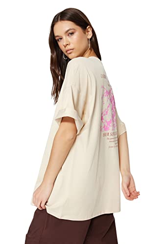 Trendyol Damska koszulka oversize basic z okrągłym dekoltem z dzianiny, Rock,M, Skała, M