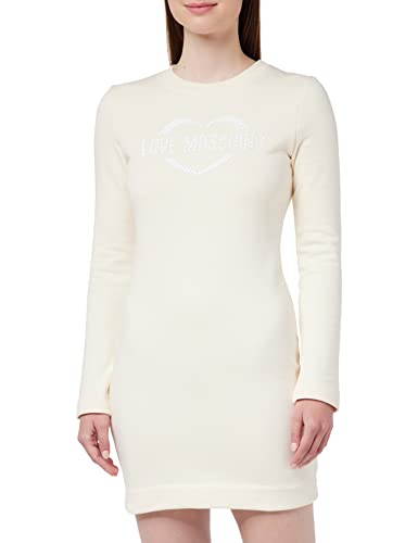 Love Moschino Damska sukienka z długim rękawem z nadrukiem holograficznym w sercu, kremowy, 48