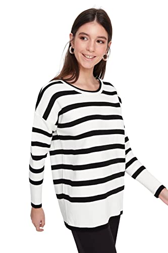 Trendyol Damska bluza z okrągłym dekoltem w paski, regularny sweter, Czarny, S