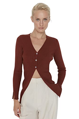 Trendyol Damski sweter z dekoltem w serek, gładki, dopasowany kardigan, brązowy, M, Brązowy, M