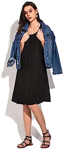 Bonateks, Długa sukienka z okrągłym kołnierzem, przednimi fałdami i krótkimi rękawami, 100% len, rozmiar DE:38, rozmiar US: M, czarna - wyprodukowano we Włoszech, czarny, 38