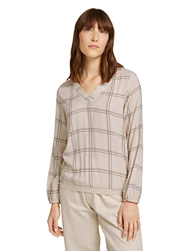 TOM TAILOR Damski Wzorzysta bluzka z prążkowanymi detalami na obszyciu i dekolcie 1028880, 28356 - Beige Brown Check, 38