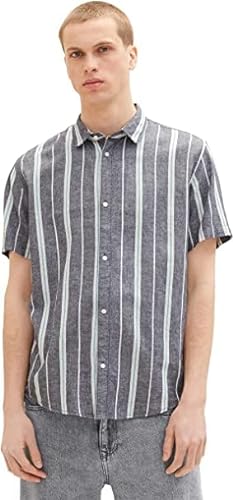 TOM TAILOR Denim Męska koszula z krótkim rękawem w paski z lnu, 32129 - Navy Big Stripe, M
