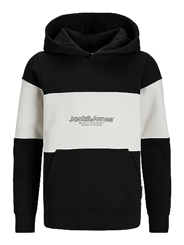 JACK&JONES JUNIOR Chłopięca bluza z kapturem Jorlakewood Block Sweat Hood Bf Jnr, Czarny/szczegóły: jj Print/Blocking, 152