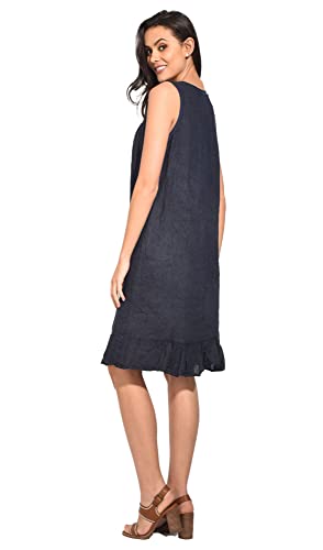 Bonateks damska sukienka 100% lniana wyprodukowana we Włoszech, puszysta sukienka z okrągłym dekoltem, z długimi rękawami i kieszeniami, biała, rozmiar: XL, biały, XL