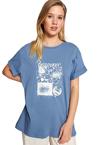 Trendyol Damska koszulka oversize z okrągłym dekoltem, Indygo, XS