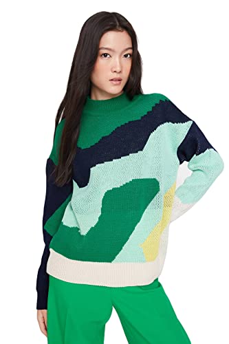 Trendyol Damska bluza ze stójką, wzorzysta, regularna, zielona, S, ZIELONY
