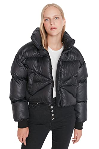Trendyol Damska kurtka zimowa ze stójką, jednokolorowa, oversize, płaszcz, Czarny, XS