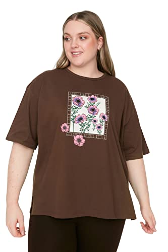 Trendyol Damska koszulka plus size, luźna, podstawowa, dzianinowa, dekolt w serek, duży rozmiar, Brązowy, XXLus