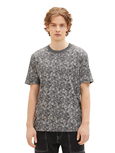 TOM TAILOR Denim Męski T-shirt z wzorem palmy, 32140 - Black Outlines Palm Print, L