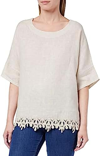 Bonateks, Okrągły dekolt z półrękawami i koronką z falbankami, 100% len, rozmiar DE:36, rozmiar US:M, topy, pustynia - wyprodukowano we Włoszech, beżowy, 36