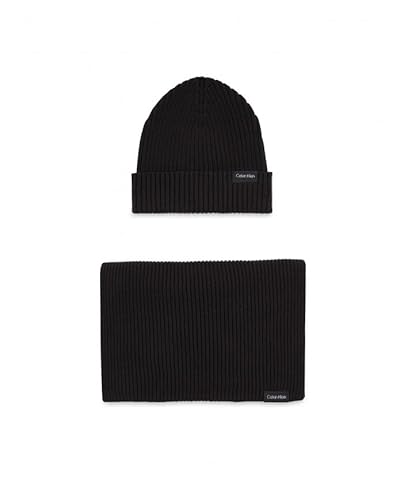 Calvin Klein Męski klasyczny bawełniany szalik + beanie, opakowania upominkowe, czarny Ck, jeden rozmiar, Ck czarny, Rozmiar uniwersalny