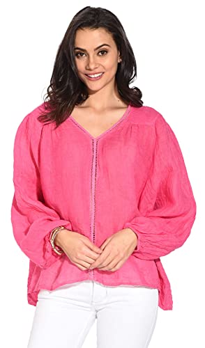 100% lniana tunika damska Made in Italy, top z dekoltem w serek i koronkowym karczkiem z długimi rękawami, malinowy, rozmiar: XL, malina, XL