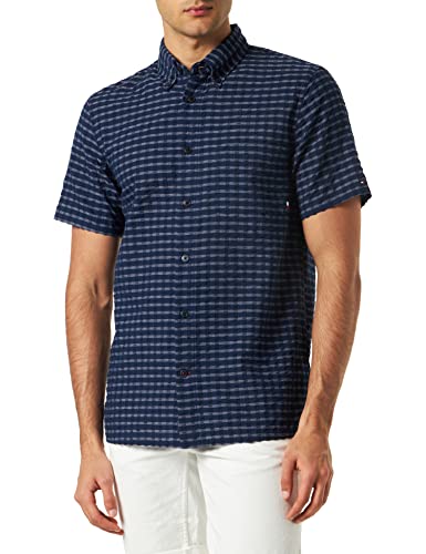 Tommy Hilfiger Męska koszula Air Cotton Check Rf S/S Casual, Granatowy (Carbon Navy) / biały (Optic White), S