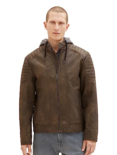 TOM TAILOR Męska kurtka skórzana w stylu motocyklowym z odpinanym kapturem i kurtką wewnętrzną z dżerseju, 30513-Buffalo Brown Fake Leather, L