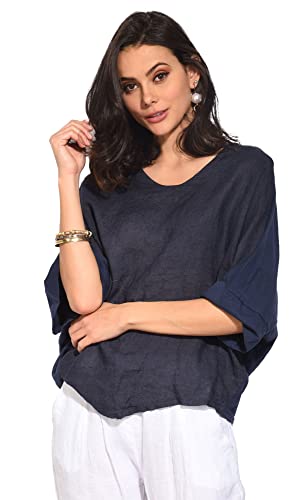 Bonateks damska top 100% lniana tunika Made in Italy, dwumateriałowa koszulka z okrągłym dekoltem z rękawami nietoperza, granatowa, rozmiar: L, granatowy, L