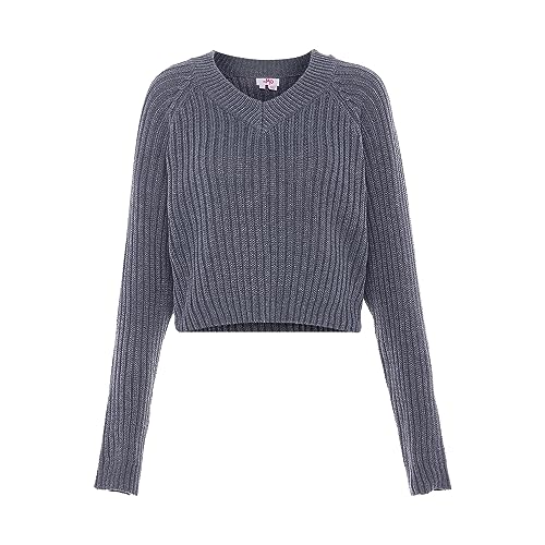 myMo Damski sweter z dzianiny prążkowanej z dekoltem w serek, poliester, ciemnoszary, melanż, rozmiar M/L, ciemnoszary melan?, M