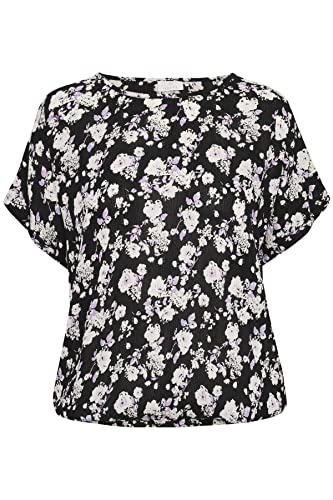 KAFFE Damska koszulka z nadrukiem KAFFE Wing Sleeves, Black-Chalk/fioletowy kwiat, 34