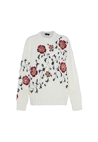 faina Damski sweter z cekinami, kwiat, okrągły dekolt, sweter, sweter wełniany biały, rozmiar M/L, biały (wollweiss), M