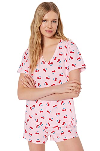 Trendyol Damska koszulka z dzianiny graficznej - zestaw krótkich piżam, jasnoróżowy, M, Jasnoróżowy, M