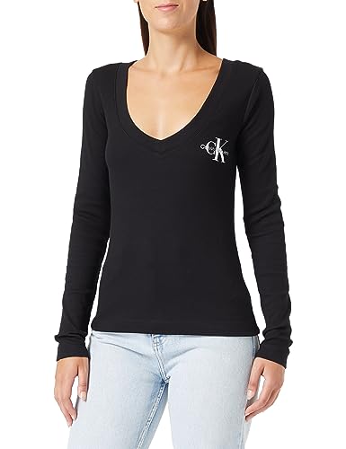 Calvin Klein Jeans Damska dzianinowa bluzka z dekoltem w serek Monologo z długim rękawem L/S, Czarny, S