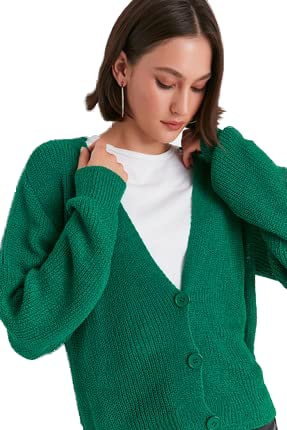 Trendyol Damski standardowy standardowy kardigan z dzianiny z dekoltem w serek, ZIELONY, L