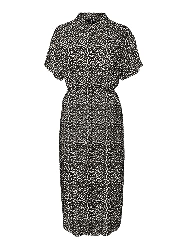 VERO MODA Sukienka damska VMBUMPY SS Calf Shirt Dress NOOS, Oatmeal/AOP: Linea Leo, S, Oatmeal/Aop:linea Leo, S