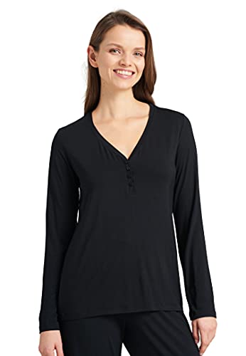 Schiesser Damski Top od Piżamy Schlafshirt Mit Knopfleiste Langarm, Czarny, 36