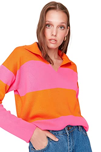 Trendyol Damska koszula kołnierzyk Colorblock Regular Sweter Bluza, Różowy, M, różowy