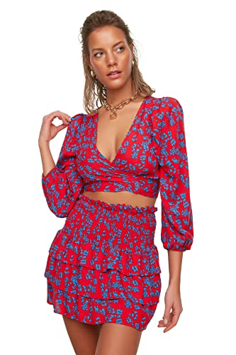 Trendyol Women's kwiatowy wzór Gipeli Sub-Top-Team Skirt Set, czerwony, 36