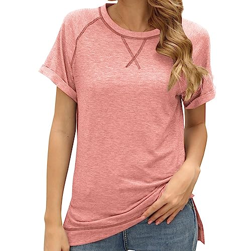 Clotth Damska koszulka Colorblock Crossover Loose Top z krótkim rękawem Casual T-Shirt, różowy XL, XL