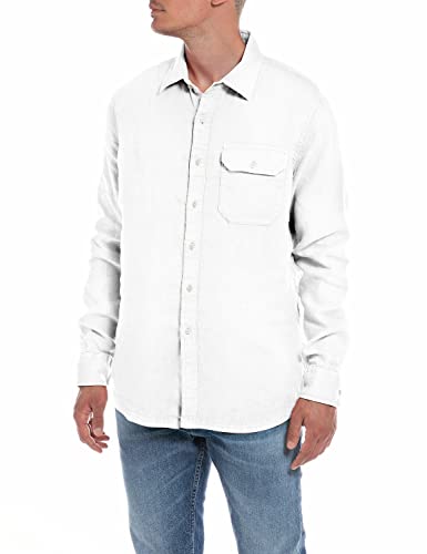 Replay Męska koszula z długim rękawem z lnu, 001 White, XL