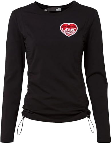 Love Moschino Koszulka damska, z długim rękawem, z logo Elastic Drawstring and with Embroidered Love Storm Heart Patch T-Shirt, czarna, 40