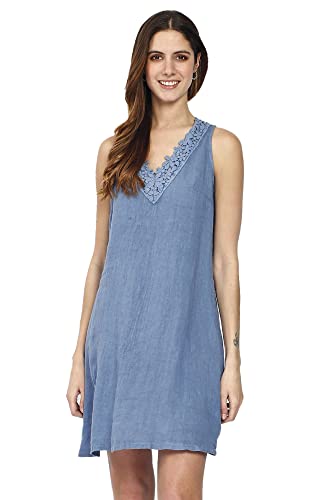 Bonateks damska sukienka 100% lniana Made in Italy, Haft bez rękawów na dekolt w serek, Niebieskie dżinsy, Rozmiar: S, niebieski (bleu jean's), S