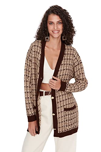 Trendyol Damski kardigan oversize basic z dekoltem w serek, Brązowy, M