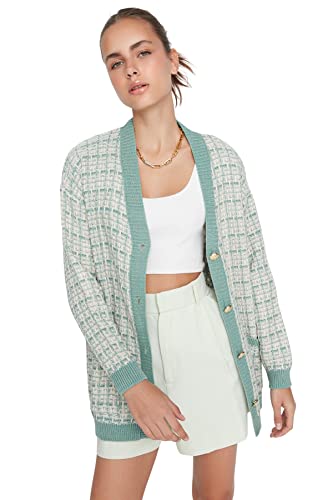 Trendyol Damski kardigan oversize standardowy dekolt w serek dzianinowy kardigan niebieski, NIEBIESKI, M