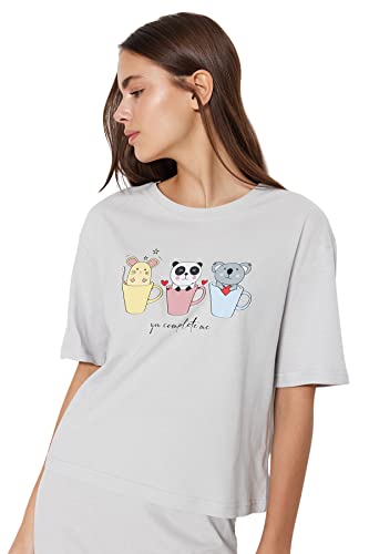 Trendyol Damska koszulka z dzianiny z sloganem - spodnie zestaw piżamowy, jasnoszary, S, jasnoszary, S